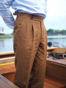 summer essentials with brown cognac tailored linen trousers