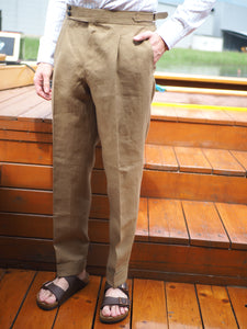 Sartorial Double Pleated Linen Trousers Taupe