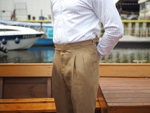 Linen gurkha pants with sartorial wide waistband double button closure