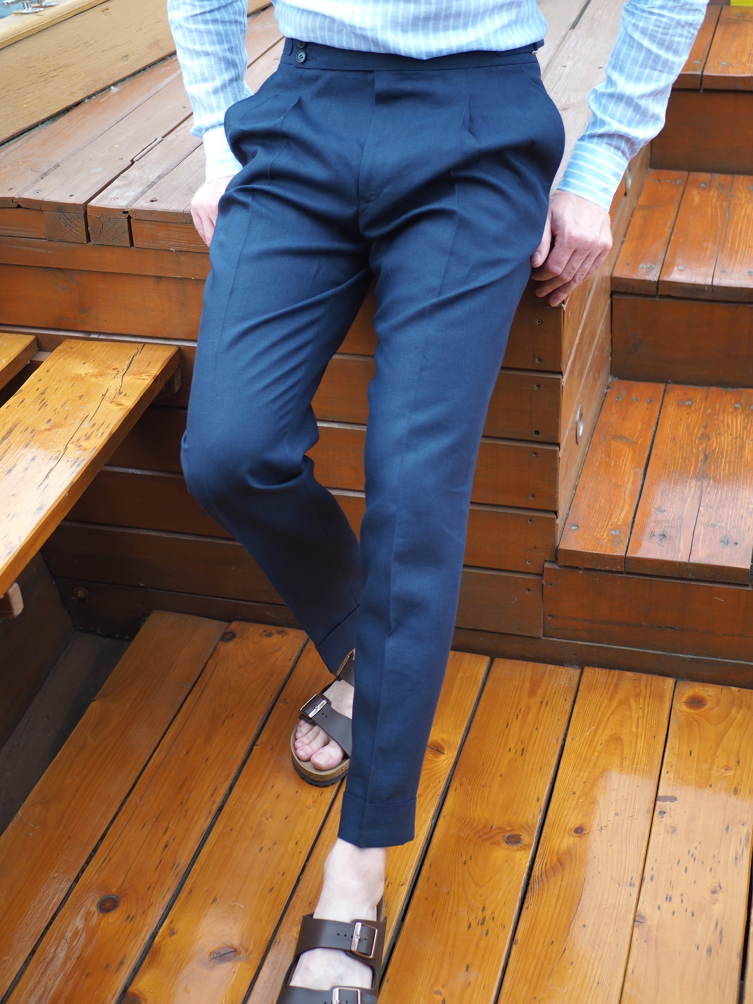 Buy Classic Fit Linen Navy Trouser | Zodiac
