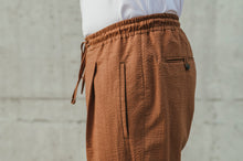 Laden Sie das Bild in den Galerie-Viewer, Close-up of rust trousers showing drawstring hidden elastic and single pleat