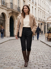 Load image into Gallery viewer, Quiet Luxury Winter Outfit - Gia Black Flannel Tapered Trousers Tucked into Brown Leather Boots