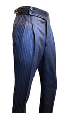 Load image into Gallery viewer, Double Pleated Flannel Trousers Navy Chalk Stripe
