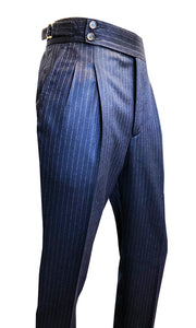 Double Pleated Flannel Trousers Navy Chalk Stripe