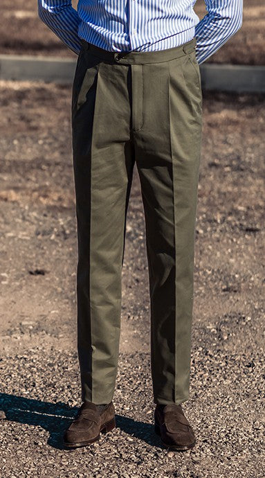 Double Pleated Cotton Trousers Olive